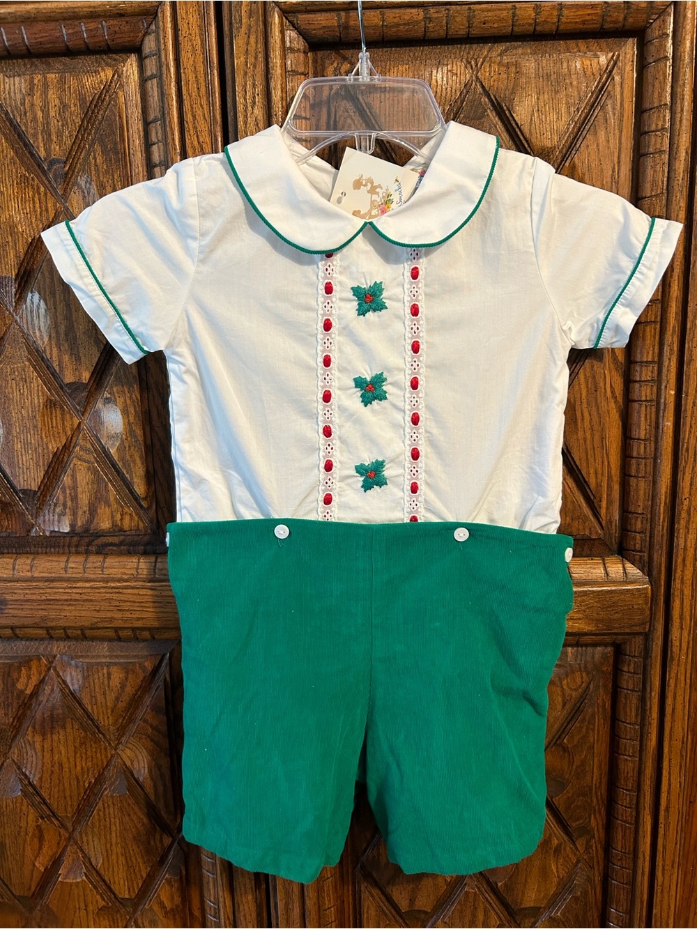 White & Green Toddler Romper with Embroidered Holly